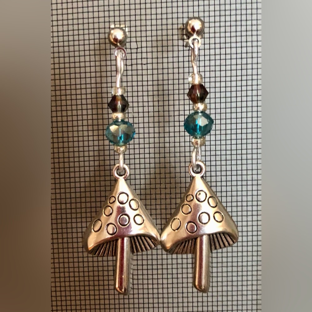 Mushroom dangle beaded earrings Handcrafted sterling silver 925 posts, 2” drop